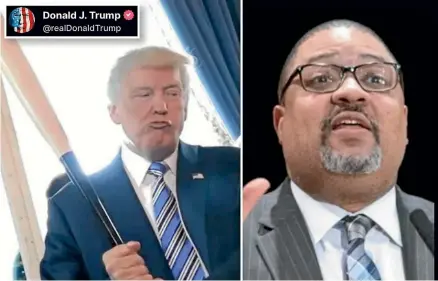  ?? ?? Former president Donald Trump shared this apparently threatenin­g image of himself armed with a baseball bat and Manhattan District Attorney Alvin Bragg on his Truth Social site.