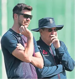  ?? Picture: Getty. ?? James Anderson of England speaks with coach Trevor Bayliss during a nets session.