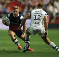  ?? GETTY IMAGES ?? Perpignan’s Paddy Jackson (far left) and Ian Madigan in action for Bristol against Bath’s Jamie Roberts