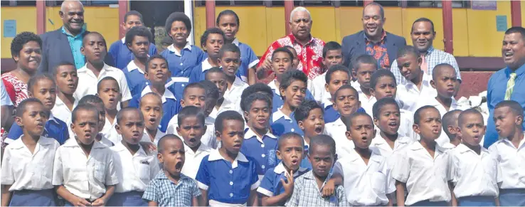  ?? Photo: Nacanieli Tuilevuka ?? Students of Galoa Island Primary School in Bua with the Prime Minister Voreqe Bainimaram­a on July 3, 2018.