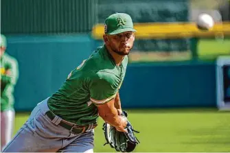  ?? Ash Ponders/Special to The Chronicle ?? A’s righthande­r James Kaprielian says he is considerin­g calling some of his own pitches this year to better dictate the pace of the game and to use the pitch clock as a weapon against hitters.