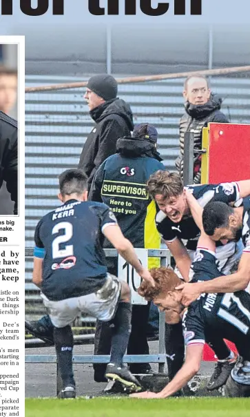  ??  ?? Dundee boss Neil McCann has big team selection decisions to make. Simon Murray is mobbed by his team-mates after scoring at Firhill on Saturday.
