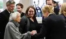  ?? MacDougall/AFP/Getty Images ?? Berlin senator Franziska Giffey greets 102-year-old Holocaust survivor Margot Friedlände­r after the ceremony at Beth Zion synagogue to mark the 85th anniversar­y of the 1938 Nazi pogrom. Photograph: John