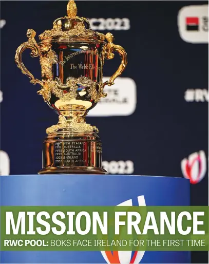  ?? Picture: AFP ?? GOLDEN QUEST: The Springboks will begin their defence of the Webb Ellis Trophy in Pool B when the Rugby World Cup gets under way in France in 2023.