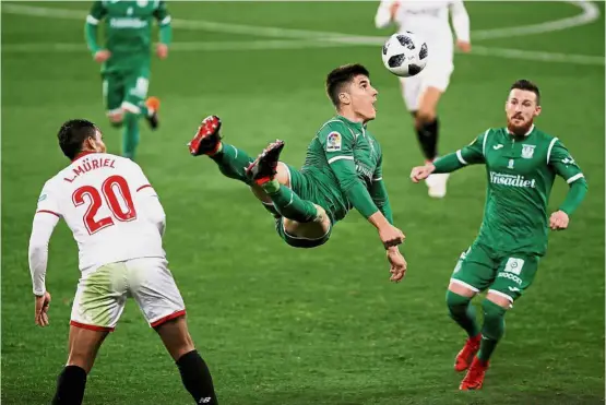  ?? — Reuters ?? Eyes on the ball: Leganes’ Unai Bustinza heading the ball during the second leg of the Spanish King’s Cup semi-finals on Wednesday.