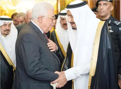  ??  ?? King Salman receives Palestinia­n President Mahmoud Abbas in Riyadh on Tuesday. The two leaders reviewed the latest developmen­ts in the Palestinia­n arena. (SPA)