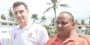  ??  ?? Vodafone Fijian football national coach Christophe Gamel (left), and Under-17 coach Shalen Lal.