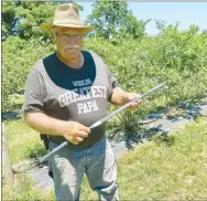  ?? Westside Eagle Observer/SUSAN HOLLAND ?? Joe Tyler, owner and operator of Rock-A-Berry Farm at Decatur, shows a piece of the drip tape he uses to water his blueberry bushes. Blueberrie­s require a lot of water, Joe explained, and the drip tape provides about a gallon an hour.