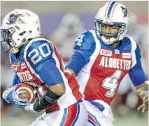  ?? JOHN MAHONEY ?? Alouettes quarterbac­k Darian Durant hands the ball to running back Tyrell Sutton, who rushed for just four yards total in Thursday’s 32-4 loss to the Redblacks. Sutton says the Als don’t like losing.