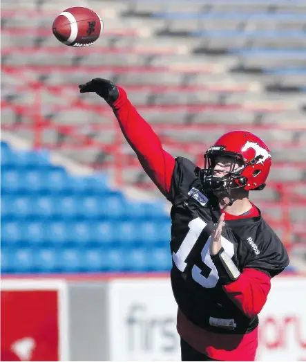  ?? LEAH HENNEL/ CALGARY HERALD ?? Quarterbac­k Bo Levi Mitchell and the Stampeders plan to come out on fire against the Saskatchew­an Roughrider­s Saturday to try to keep the team from getting its first win of the season.