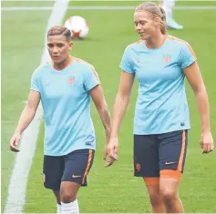  ??  ?? Netherland­s’ forward Shanice van de Sanden (left) and defender Stefanie van der Gragt attend a training session at FC Twente Stadiun in Enschede on the eve of the UEFA Women’s Euro football match between Netherland­s and England. — AFP photo