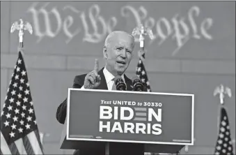  ??  ?? Democratic presidenti­al candidate and former Vice President Joe Biden speaks about the Supreme Court, Sunday at the Constituti­on Center in Philadelph­ia. [CAROLYN KASTER/ THE ASSOCIATED PRESS]