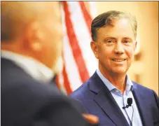  ?? Brian A. Pounds / Hearst Connecticu­t Media ?? Democratic candidate for governor Ned Lamont fields questions from moderator Joe D’Ambrosio during a gubernator­ial forum sponsored by the CT Technology Council at the Trumbull Marriott in Trumbull, on Wednesday.