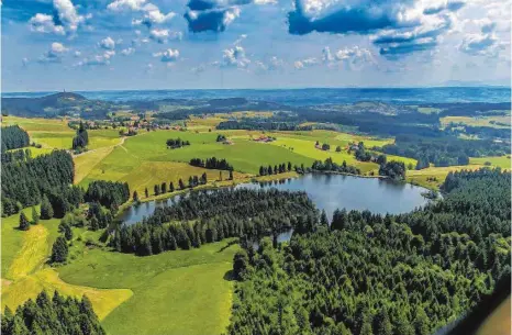  ?? FOTO: RALF LIENERT ?? Der Eschacher Weiher ist beliebt bei Badegästen und Nacktbader­n. Der FKK-Verein „Bund Alpenland“hat auf der bewaldeten Halbinsel seinen Bereich. Am hinteren Ufer treffen sich immer wieder Gruppen, um öffentlich Sex zu haben.