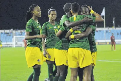  ?? Picture: BackpagePi­x ?? BANYANA BRAVES. Refiloe Jane of South Africa celebrates her goal with teammates during the 2018 Total African Women’s Cup of Nations match against Equatorial Guinea in Ghana last night.