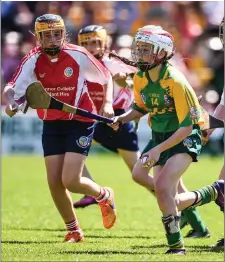  ??  ?? Zoe Katus of Knockanann­a in action against Windgap, Co. Kilkenny during the Division 7 camogie final.