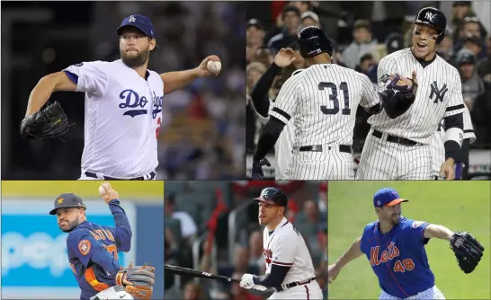  ?? The Associated Press ?? Clockwise, from top left : Los Angeles Dodgers starting pitcher Clayton Kershaw, New York Yankees outfielder­s Aaron Hicks (31) and Aaron Judge, New York Mets starting pitcher Jacob degrom, Atlanta Braves first baseman Freddie Freeman and Houston Astros second baseman Jose Altuve.