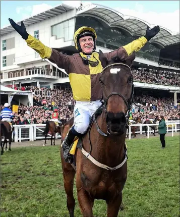  ??  ?? Paul Townend on Burning Victory after his win in the JCB Triumph Hurdle at the Cheltenham Festival.