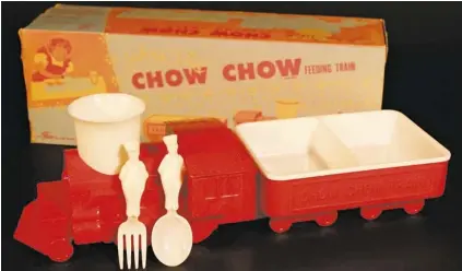  ?? PHOTOGRAPH COURTESY OF BILL WALKER ?? BW Moulded Plastics (Pasadena, Calif., 20th century), Jack and Jill Chow Chow Feeding Train, ca. 1950s. Train car dish, smokestack cup, conductor and engineer spoon and fork. |