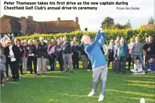  ?? Picture: Kery Dunlop ?? Peter Thomason takes his first drive as the new captain during Chestfield Golf Club’s annual drive-in ceremony