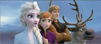  ?? DISNEY VIA AP ?? A scene from the animated film “Frozen 2” shows Elsa (from left), voiced by Idina Menzel; Anna, voiced by Kristen Bell; Kristoff, voiced by Jonathan Groff; and Sven. The Walt Disney Co. put the box-office hit on its Disney Plus streaming service three months earlier than planned, “surprising families with some fun and joy during this challengin­g period.”