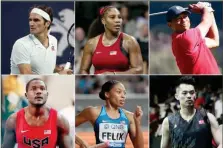  ??  ?? (From left in top row) Roger Federer of Switzerlan­d, Serena Williams of the US and Tiger Woods of the US. (From left above) Justin Gatlin of the US, Allyson Felix of the US and Lin Dan of China.