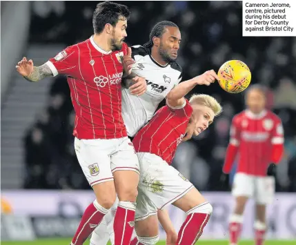  ??  ?? Cameron Jerome, centre, pictured during his debut for Derby County against Bristol City