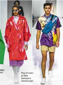  ??  ?? Pop of color on Bea Samson’s trench coat Winner RJ Santos’ graphic shirt with fanny bag and school boy shorts