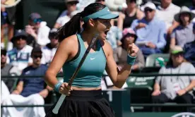  ?? ?? Emma Raducanu celebrates winning a point against Beatriz Haddad Maia. Photograph: Mark J Terrill/AP