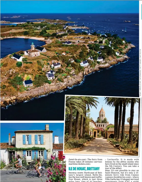  ??  ?? A LITTLE SLICE
OF HEAVEN: The mile-long GrandeIle, main picture. From far left: The peaceful Port Cros, a room in Hotel Delos on Ile de Bendor, cycling on Ile d’Aix and the monastery on Ile Saint-Honorat