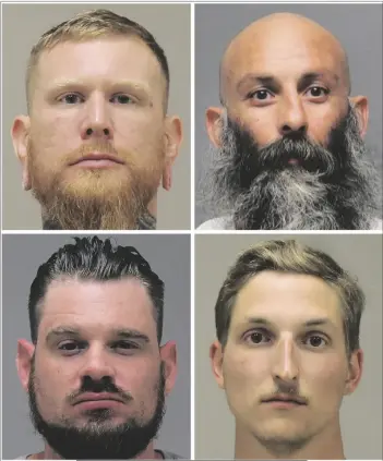  ?? KENT COUNTY SHERIFF, DELAWARE DEPARTMENT OF JUSTICE VIA AP ?? This combinatio­n of photos provided by the Kent County Sheriff and the Delaware Department of Justice shows (top row from left) Brandon Caserta and Barry Croft; and bottom row from left, Adam Dean Fox and Daniel Harris.