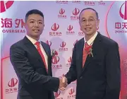  ??  ?? Mr Li (left) and Mr Suwan have set up a three-year partnershi­p between their companies, Zhongtian and Rung Fah Serm.
