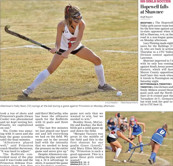  ?? KYLE FRANKO — TRENTONIAN PHOTO ?? Allentown’s Kelly Noon (12) swings at the ball during a game against Princeton on Monday afternoon. Staff Report