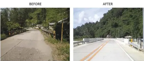  ?? ?? Left photo shows the Tabucan Bridge in Hinabangan, Samar. At right is the newly-rehabilita­ted bridge, one of 61 bridges for replacemen­t or rehabilita­tion in the MCC-funded SNRDP.