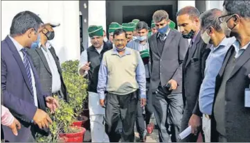  ?? SANCHIT KHANNA/HT PHOTO ?? Delhi CM Arvind Kejriwal leaves the Vidhan Sabha after a meeting with leaders of various farm unions.