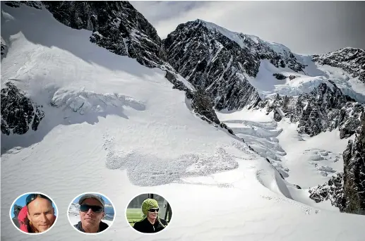  ??  ?? The avalanche can be seen, on Mt Hicks in Mt Cook National park, that killed two people yesterday morning with one climber making it out alive.Insets: Martin Hess, far left; Wolfgang Maier, centre; Jo Morgan, right. GEORGE HEARD/ STUFF