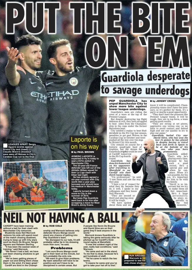  ??  ?? LEAGUES APART: Sergio Aguero scores against Bristol City and (inset) Claudio Bravo’s shootout save sees off Wolves in City’s Carabao Cup run to the final