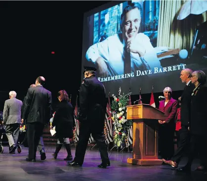  ?? CHAD HIPOLITO/THE CANADIAN PRESS ?? Finance Minister Carole James, Premier John Horgan, and Lt.-Gov. Judith Guichon were among those who paid tribute to Dave Barrett at a memorial service on Saturday. The former premier, who died Feb. 2 at 87, served from 1972-75.