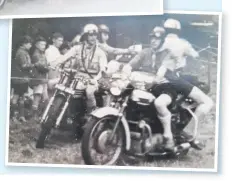  ?? ?? RIGHT: The Ariel and the Enfield at a Scout garden party. One pillion made tea on a primus stove and he is passing a cup to the other pillion who has just had a shave – all while riding around the site. Happy days and completely nuts.