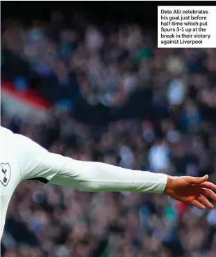  ??  ?? Dele Alli celebrates his goal just before half-time which put Spurs 3-1 up at the break in their victory against Liverpool