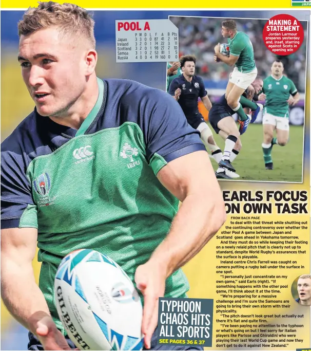  ??  ?? MAKING A STATEMENT Jordan Larmour prepares yesterday and, inset, starring against Scots in opening win