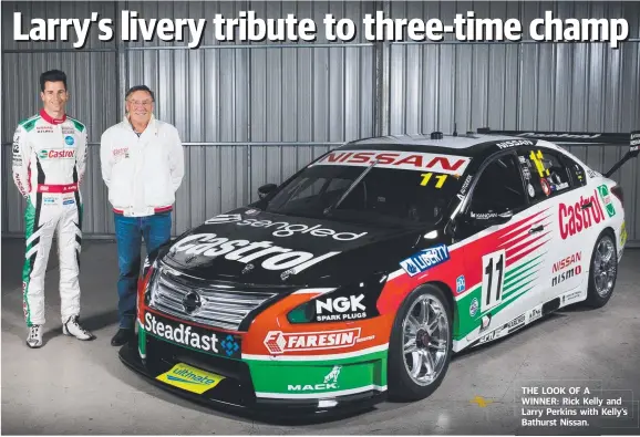  ??  ?? THE LOOK OF A WINNER: Rick Kelly and Larry Perkins with Kelly’s Bathurst Nissan.
