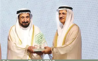  ?? Atiq Ur Rehman/Gulf News ?? His Highness Dr Shaikh Sultan Bin Mohammad Al Qasimi, Member of the Supreme Council and Ruler of Sharjah, with Sultan Bin Saeed Al Mansouri, UAE Minister of Economy, during the Fourth Sharjah FDI Forum at Al Jawaher Reception and Convention Centre yesterday. The two-day event, titled ‘Shaping the Future of Economies’ was inaugurate­d by Dr Shaikh Sultan.