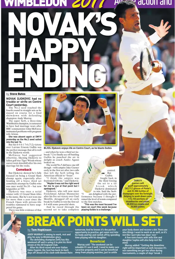  ??  ?? BLISS: Djokovic enjoys life on Centre Court, as he blasts Gulbis