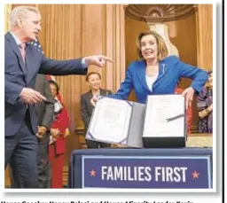  ??  ?? House Speaker Nancy Pelosi and House Minority Leader Kevin McCarthy (above) show off the enormous bill after passing it Friday. Below, GOP Rep. Thomas Massie of Kentucky became the most hated man in America as he tried to derail swift passage of the legislatio­n.