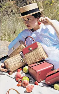  ??  ?? Whimsical weaves: Wicker and leather top-handle bag, £430; Cylinder wicker and leather bag, £630; Leather cross-body bag, £378, all Sparrows Weave (matchesfas­hion.com)