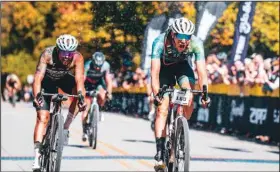  ?? (Special to NWA Democrat-Gazette/Kai Caddy) ?? Torbjorn Roed reacts after beating Brendan Johnston in a sprint to win the Big Sugar Gravel race Saturday in Bentonvill­e.