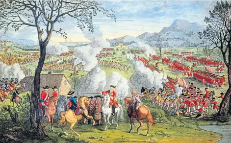  ??  ?? CARNAGE AT CULLODEN: An 18th-Century hand-coloured copperplat­e engraving of the battle on the moor.