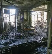  ?? — PTI ?? Charred remains after a fire broke out at the intensive care unit of a hospital at Rohini area in New Delhi on Saturday.