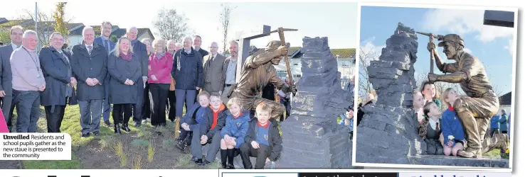  ??  ?? Unveilled Residents and school pupils gather as the new staue is presented to the community